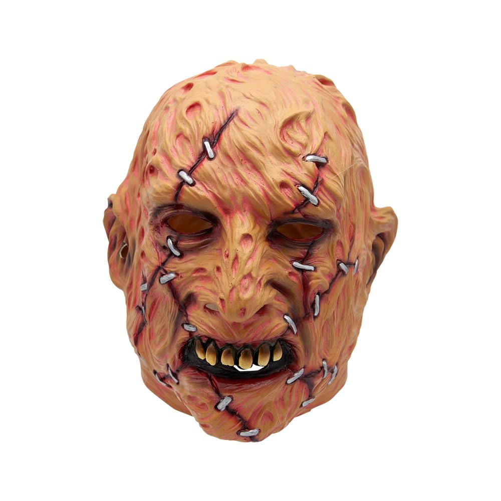 Horror-themed mask with stitches and a white background