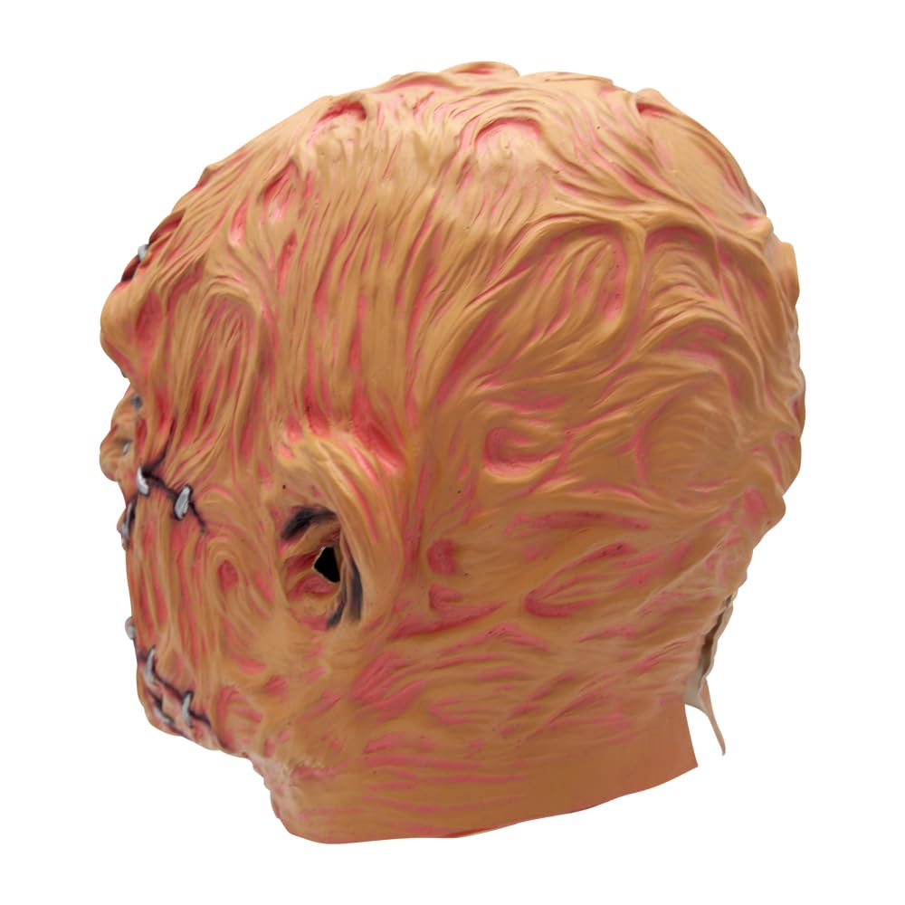 Back view of a horror mask with shrivelled flesh and stapled skin