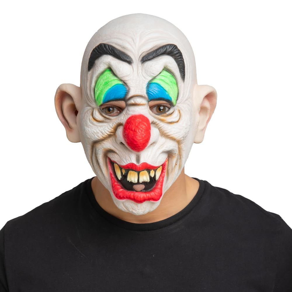 person wearing a goofy circus clown full head mask with bright colours