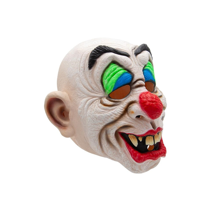 Right side view of a brightly coloured funny circus clown mask