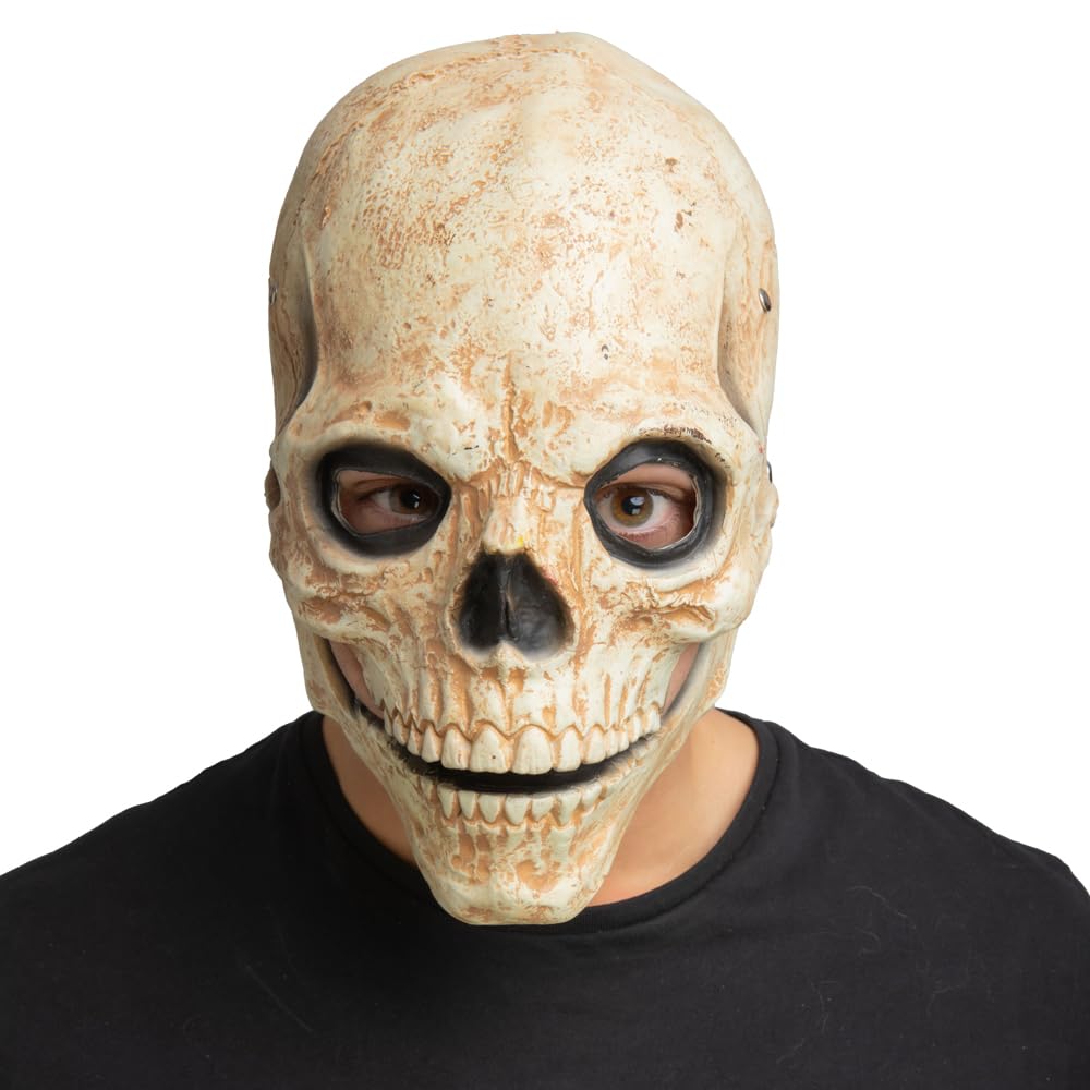 Person wearing a skull mask and black top on a white background