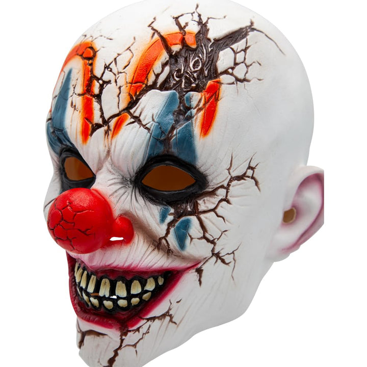 Scary clown mask with cracked effects on a white background