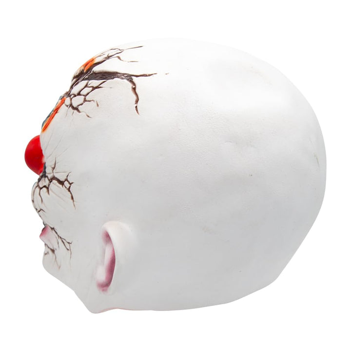 Back view of a full head latex clown mask with cracked skin on a white background