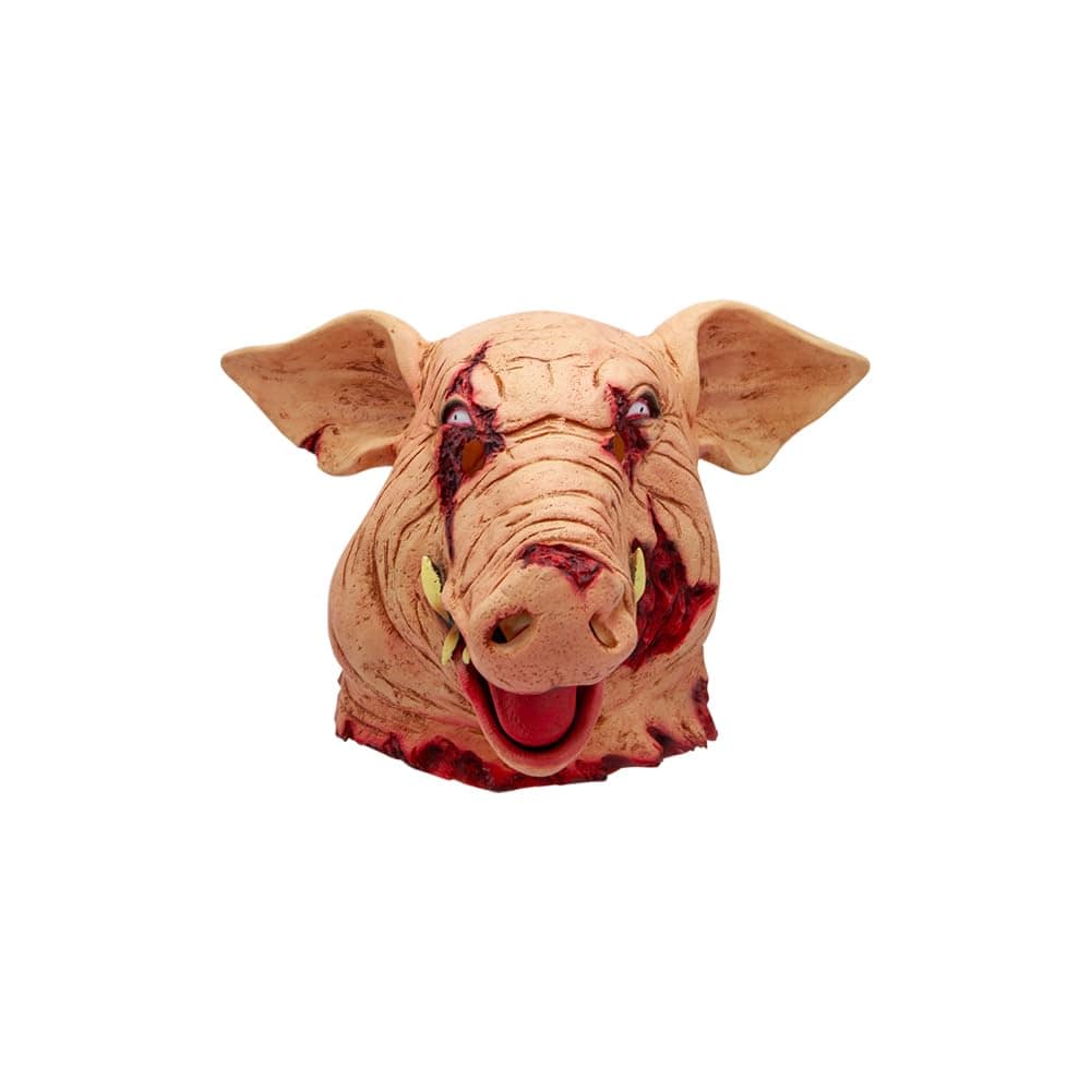 Face on view of a butchered pig's head mask for Halloween