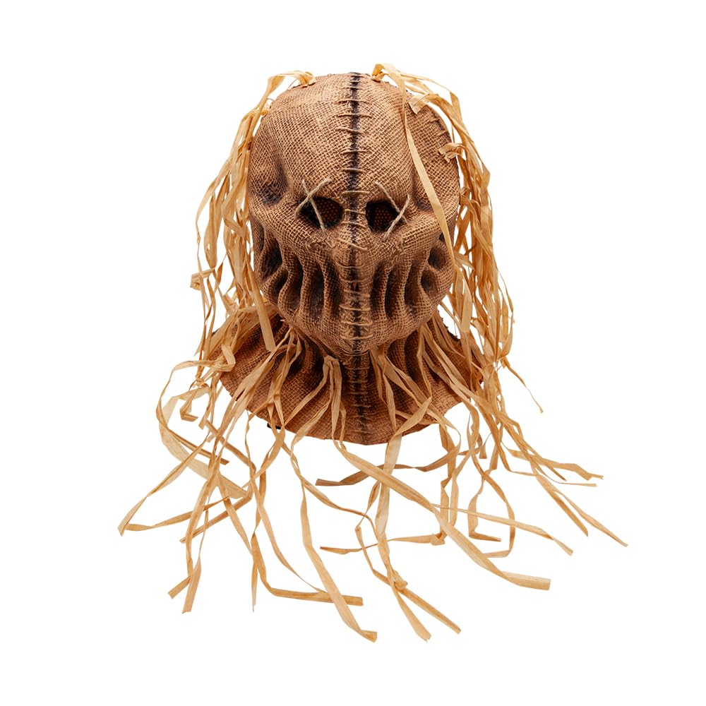 Scarecrow mask with a jute fabric effect and star hair strips on a white background