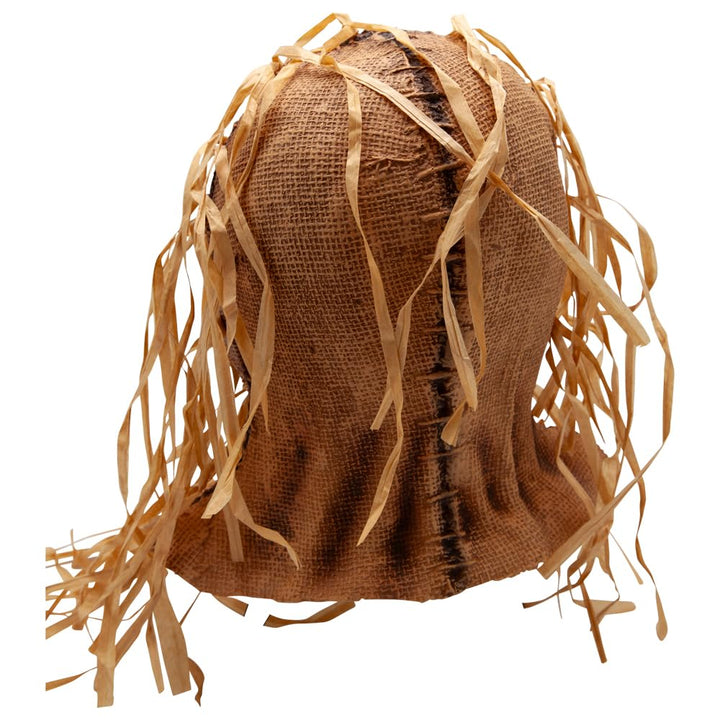 Back of a brown hessian effect scarecrow mask with raffia straw on a white background