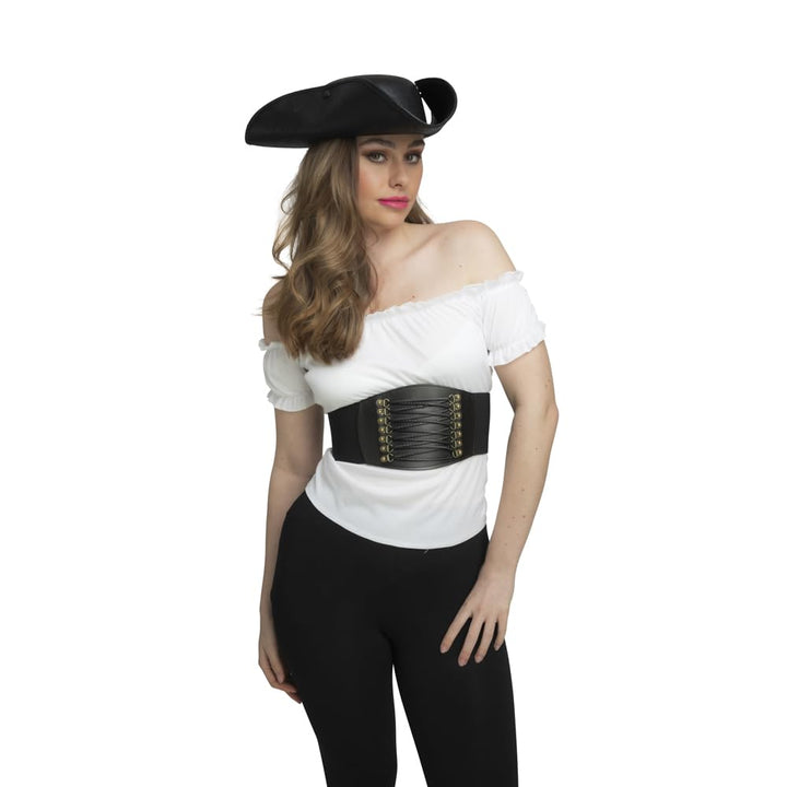 Woman wearing a white off-shoulder top, black trousers, black waist corset and a black tricorn hat on a white background