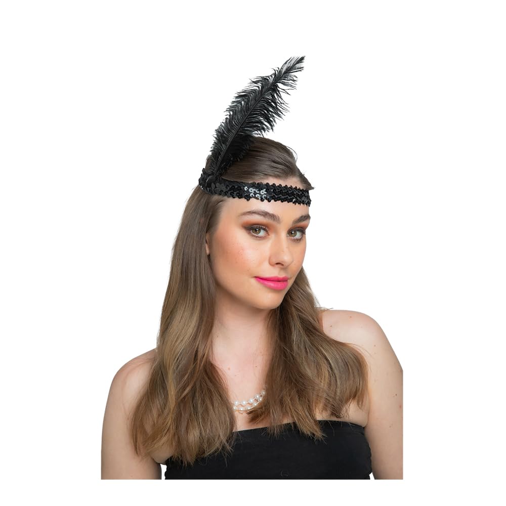 Woman wearing a black feathered headband with black sequins for a flapper fancy dress costume