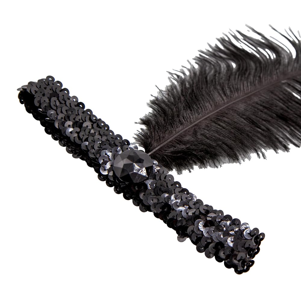 Black beaded hair accessory with a feather on a white background