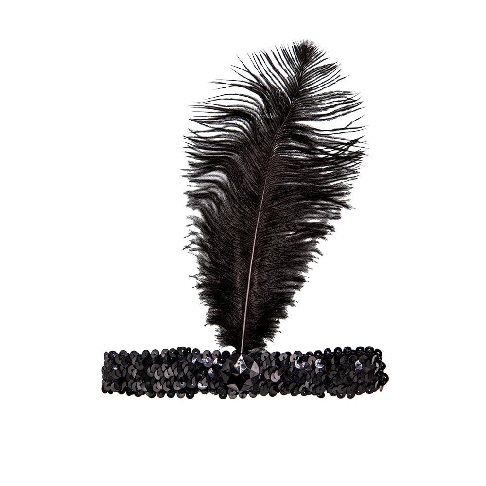Black feathered headband with sequins on a white background
