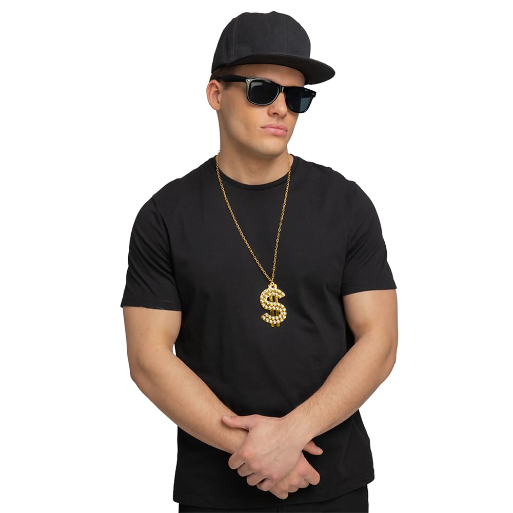 Man wearing a black t-shirt, black cap, sunglasses, and a gold necklace with a dollar sign pendant on a white background.