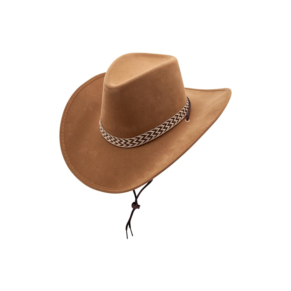 Tan suede luxury cowboy hat with patterned band for fancy dress costumes