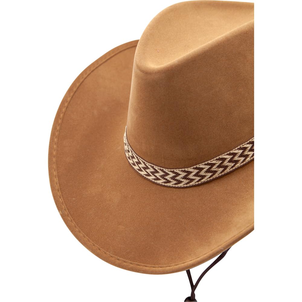 Close up of zigzag textile hat band on a tan suede cowboy hat