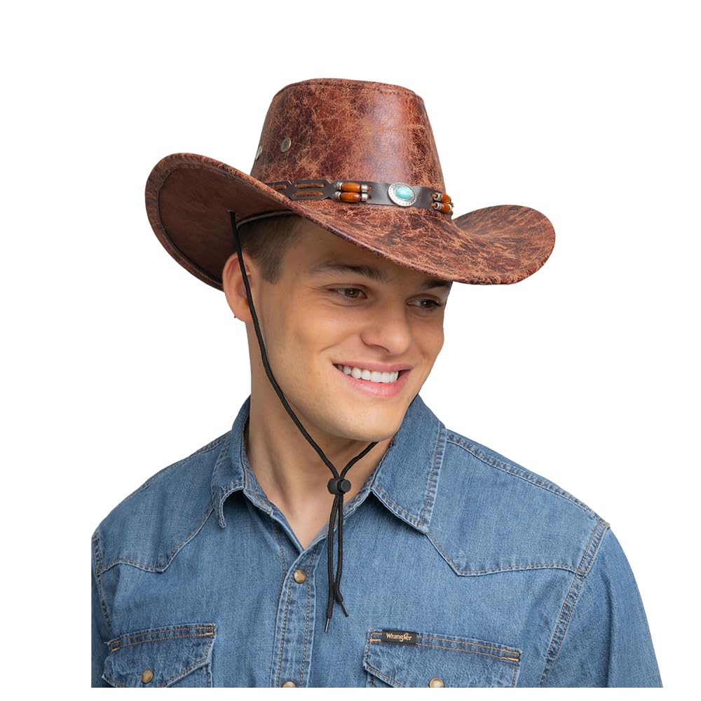 Man wearing a weathered brown cowboy hat with beaded hat band, neck cord and toggle