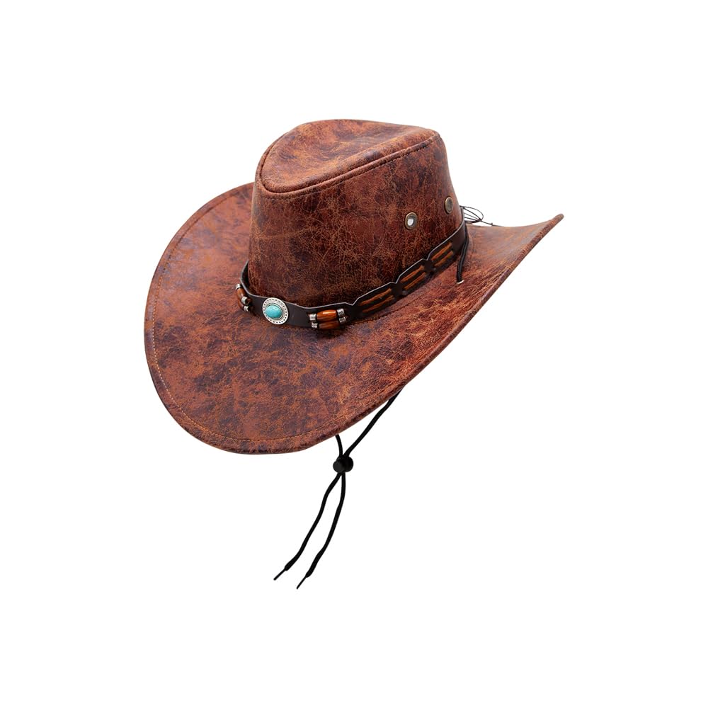Brown leather cowboy hat with neck cord toggle