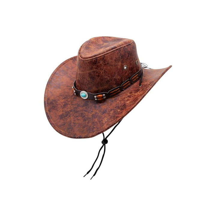 Brown leather cowboy hat with neck cord toggle