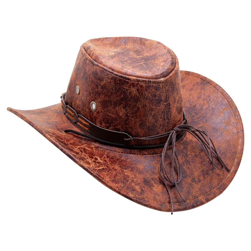 Back of a weather brown cowboy hat with leather ties