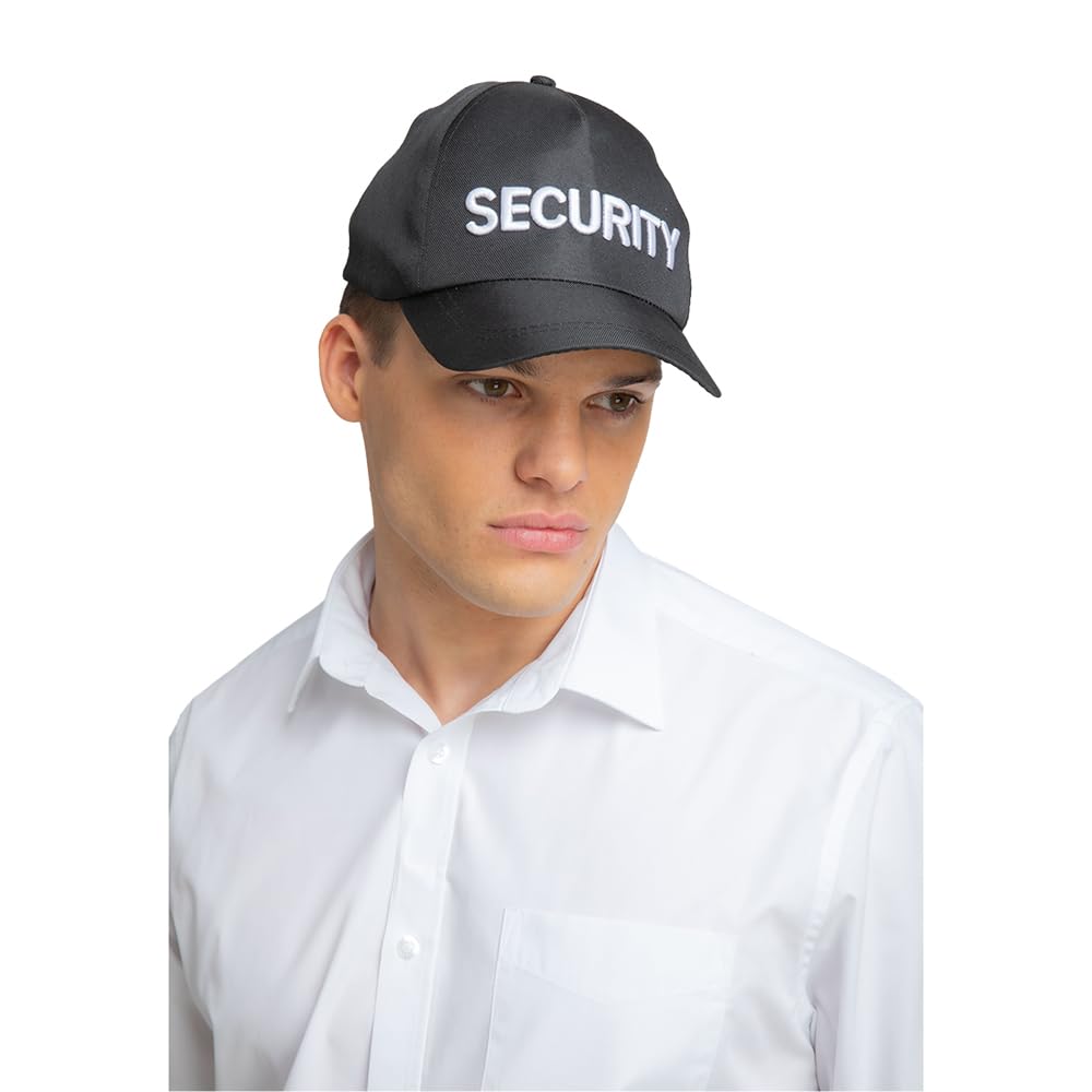 Man wearing a black baseball cap with security text in white