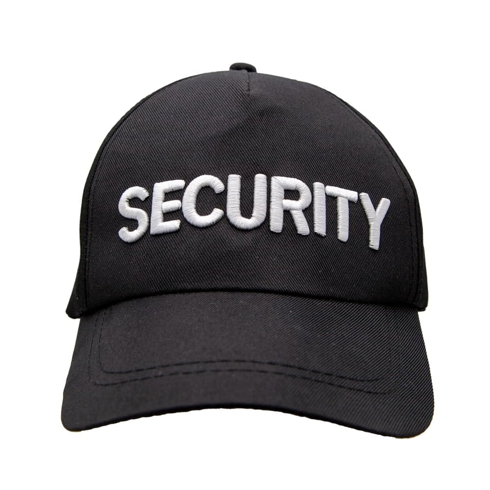Black security guard costume baseball cap with white embroidered lettering