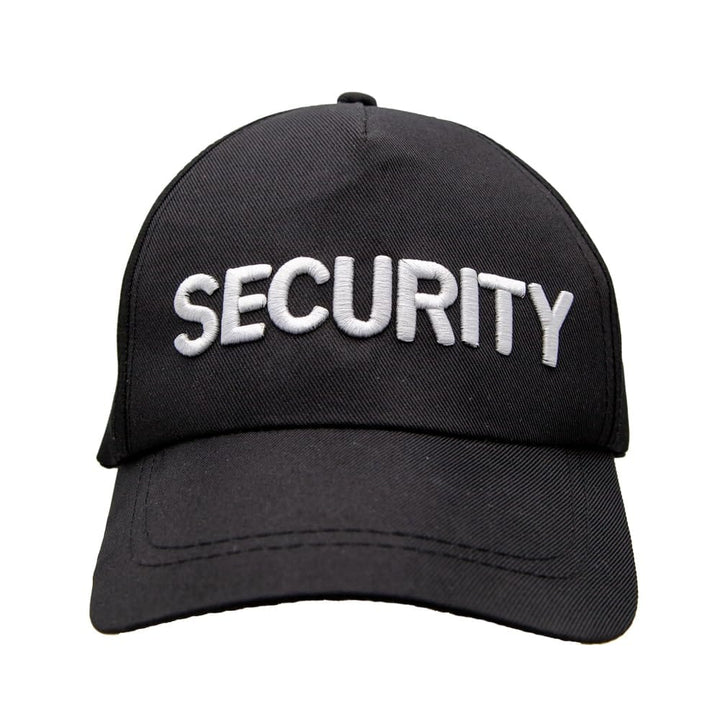 Black security guard costume baseball cap with white embroidered lettering
