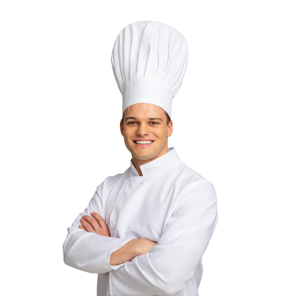 Chef wearing a traditional white chef's hat and coat on a white background