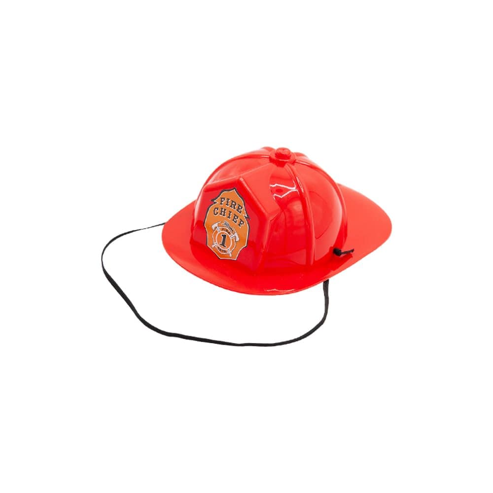 Red fire chief hat with a black strap on a white background