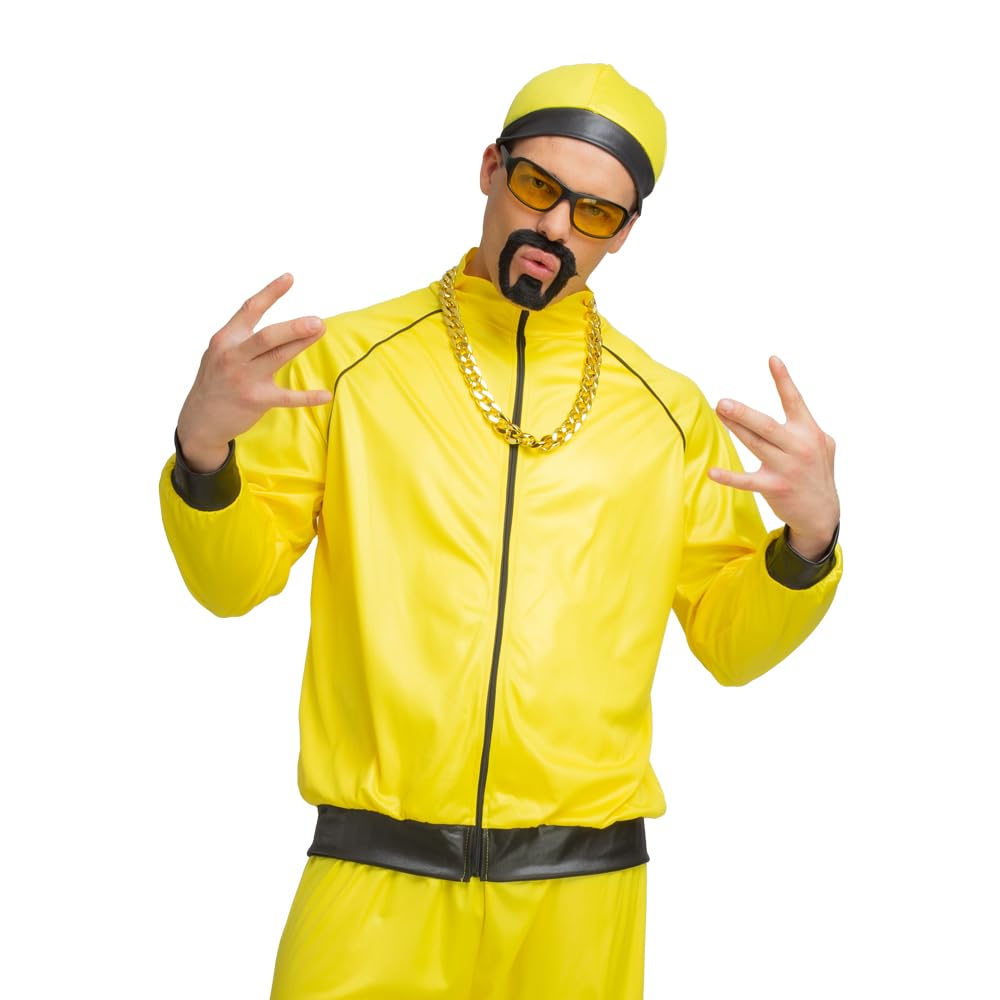 Man wearing a yellow jacket and trousers with matching hat and sunglasses