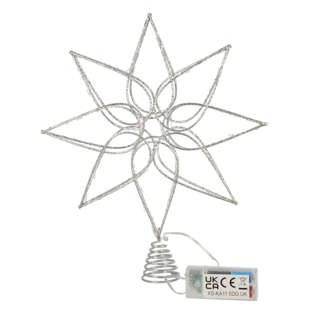 FLoral star shaped Christmas tree topper with silver glitter frame and battery pack