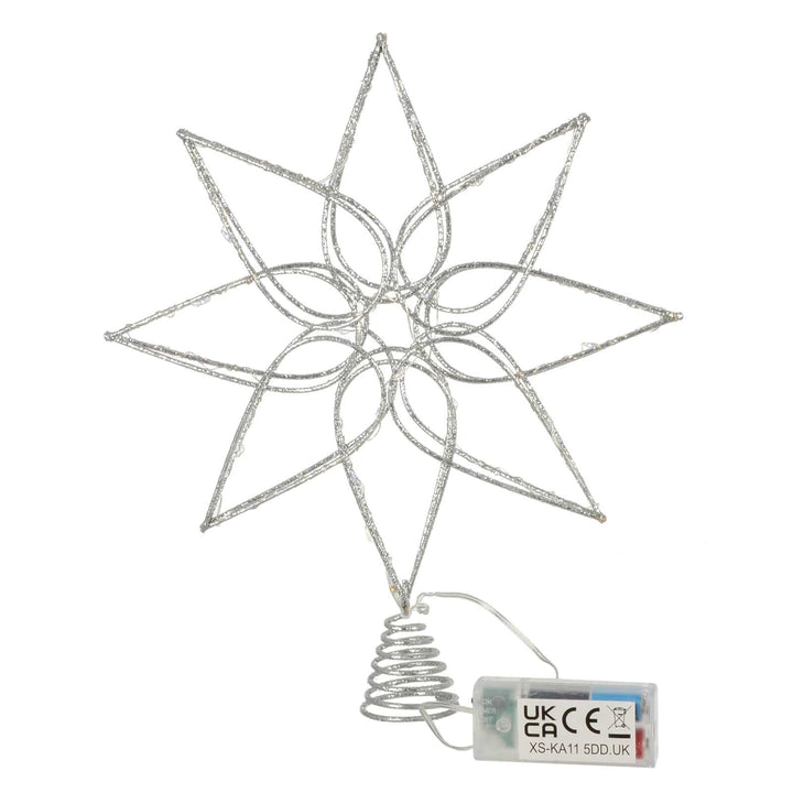 FLoral star shaped Christmas tree topper with silver glitter frame and battery pack