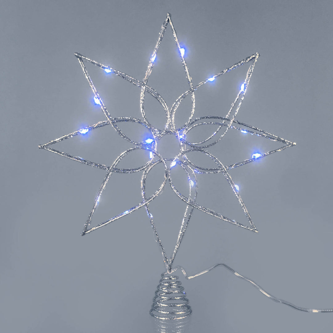 Flower stra shaped Christmas tree topper with blue LED lights and silver glitter frame