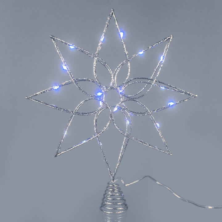 Flower stra shaped Christmas tree topper with blue LED lights and silver glitter frame