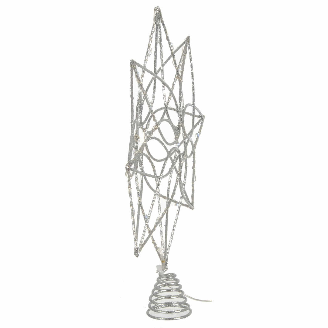 Side view of a star tree topper with silver glitter frame