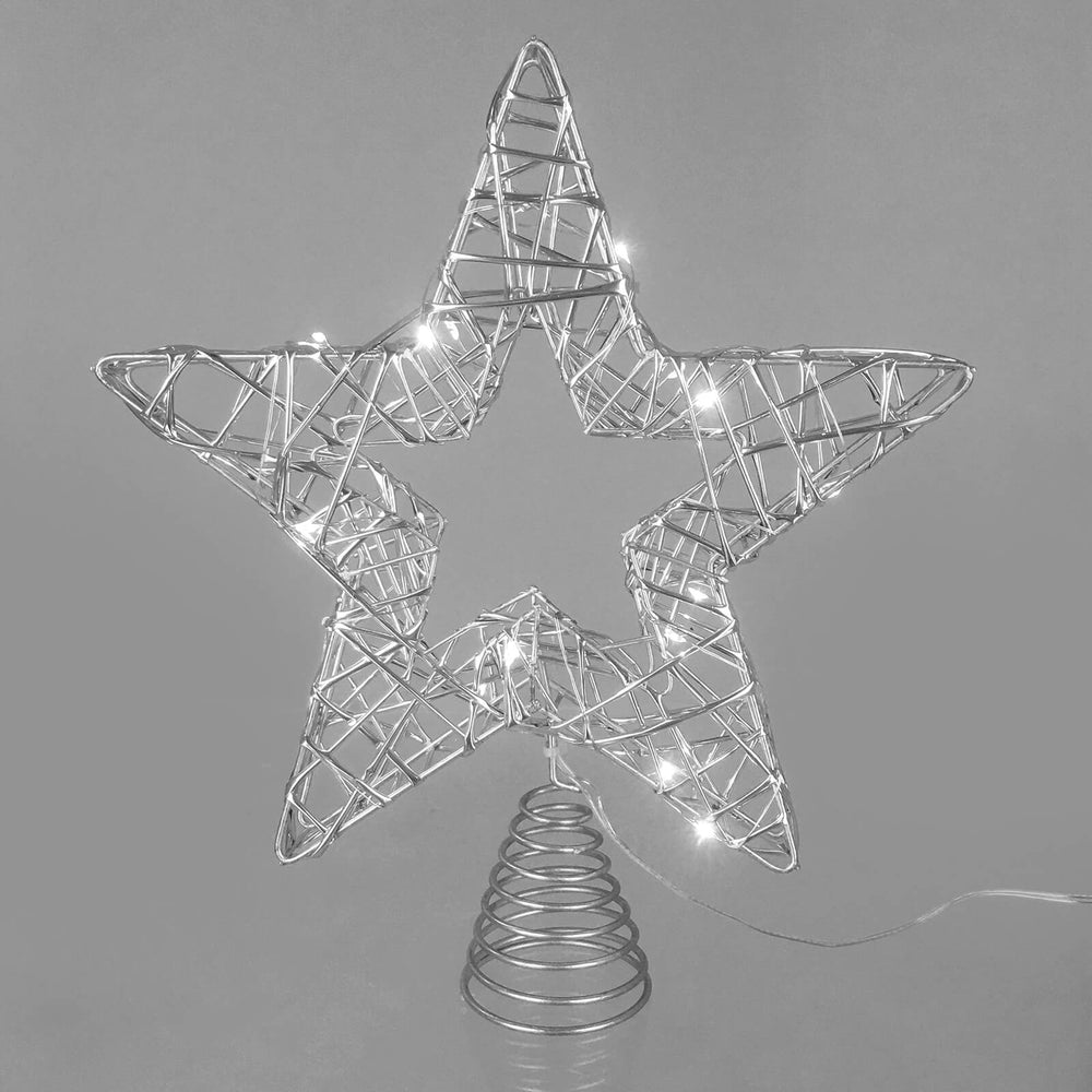 Silver metal star tree topper with white LED lights