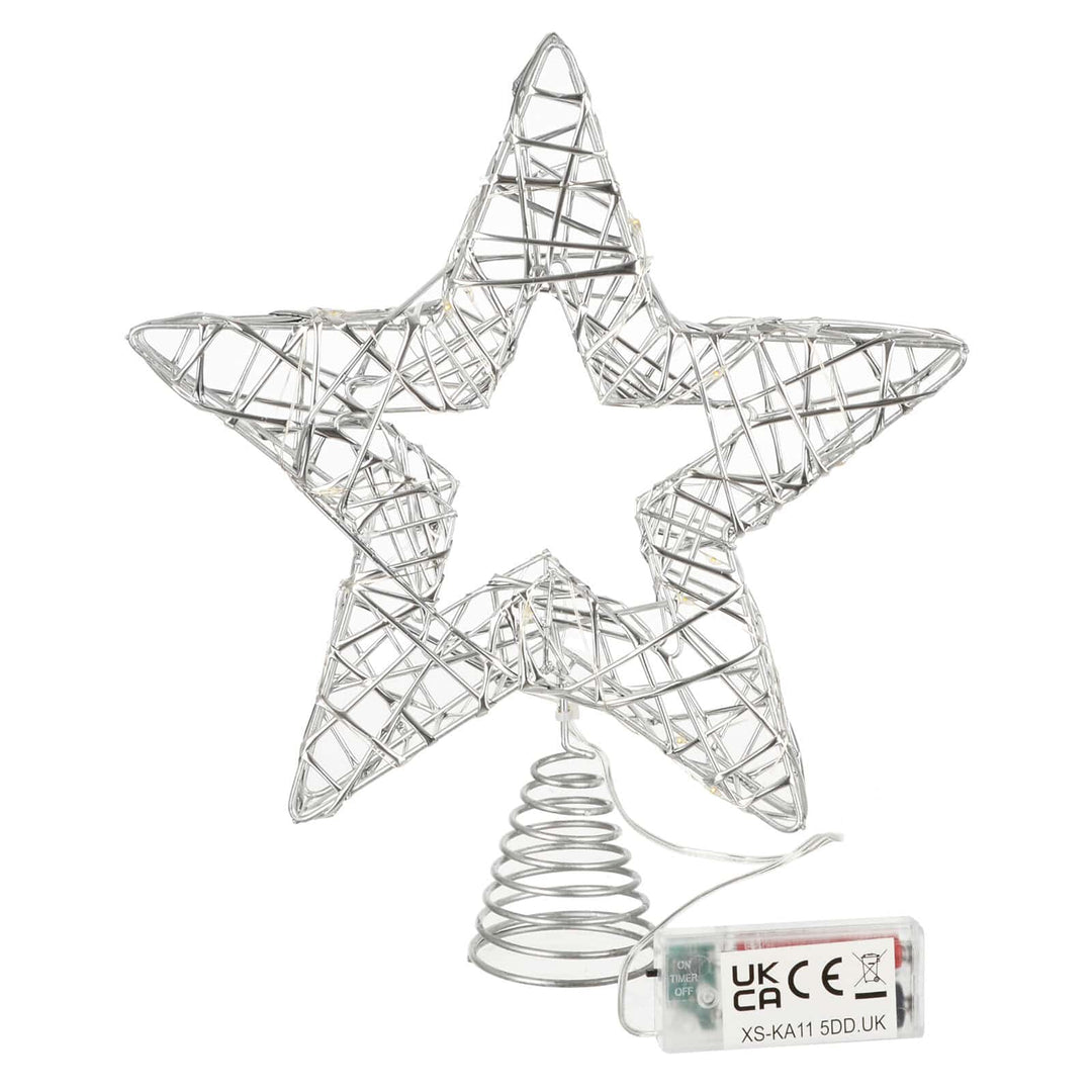 Silver frame double star Christmas tree topper with battery pack