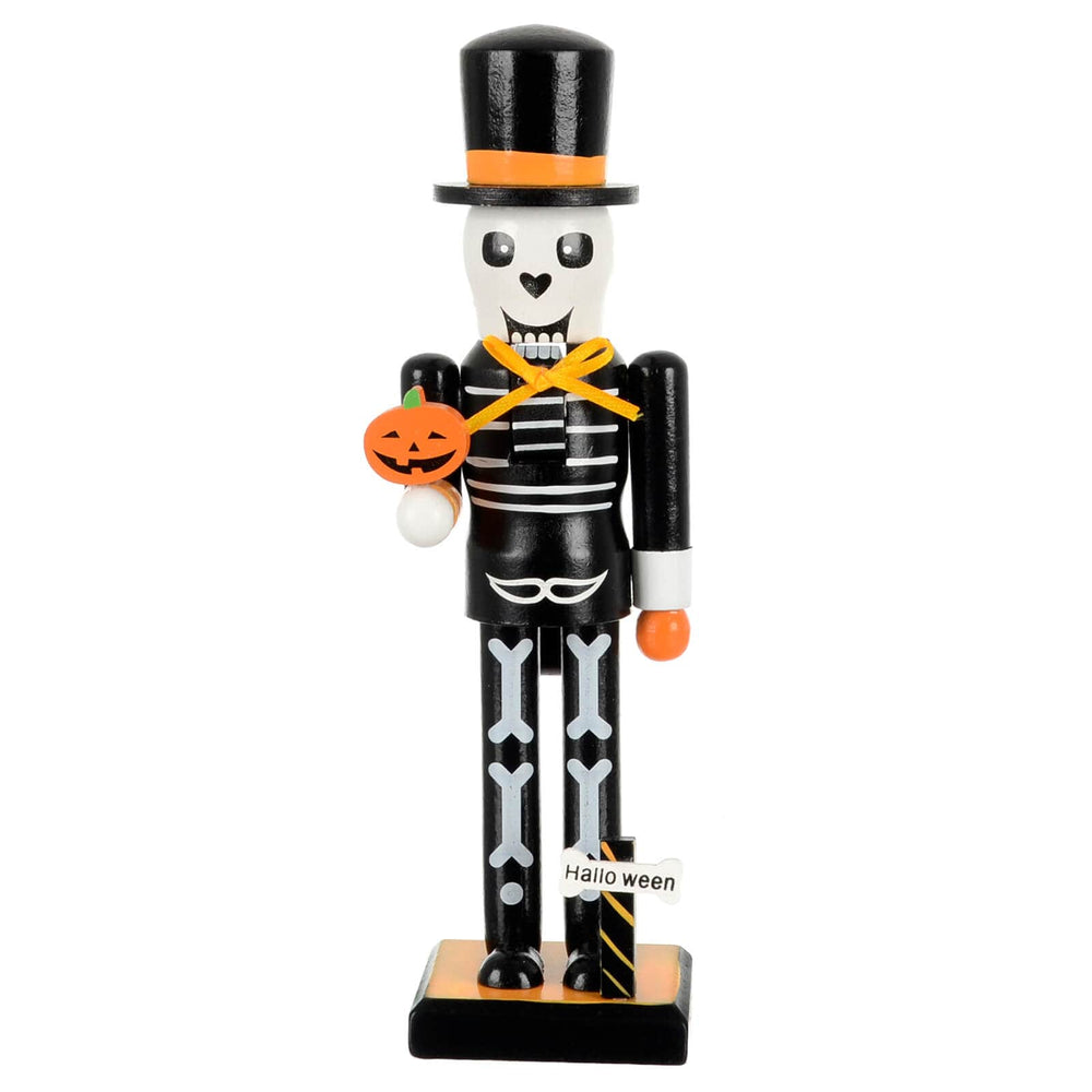 Skelton dressed as a nutcracker soldier figure for a Halloween decoration 