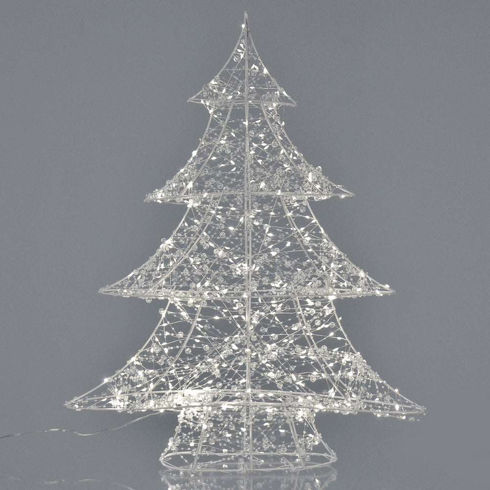 Beaded white wire Christmas tree with LED lights on a grey background