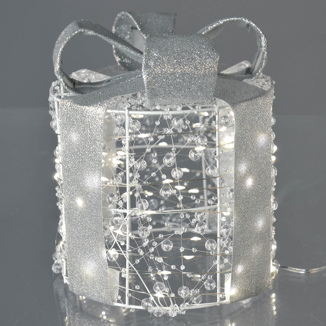 Single beaded gift box with glitter ribbon and white LED lights