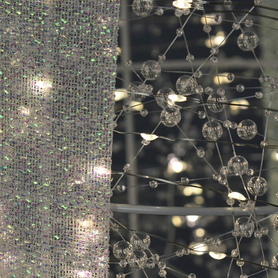 Close up of beads and LED lights on a Christmas decoration