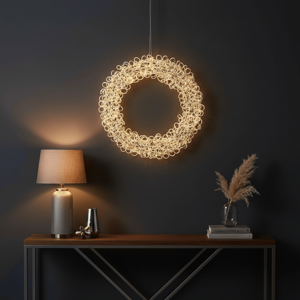 Decorative circular light fixture hanging above a wooden table with a lamp and vase.