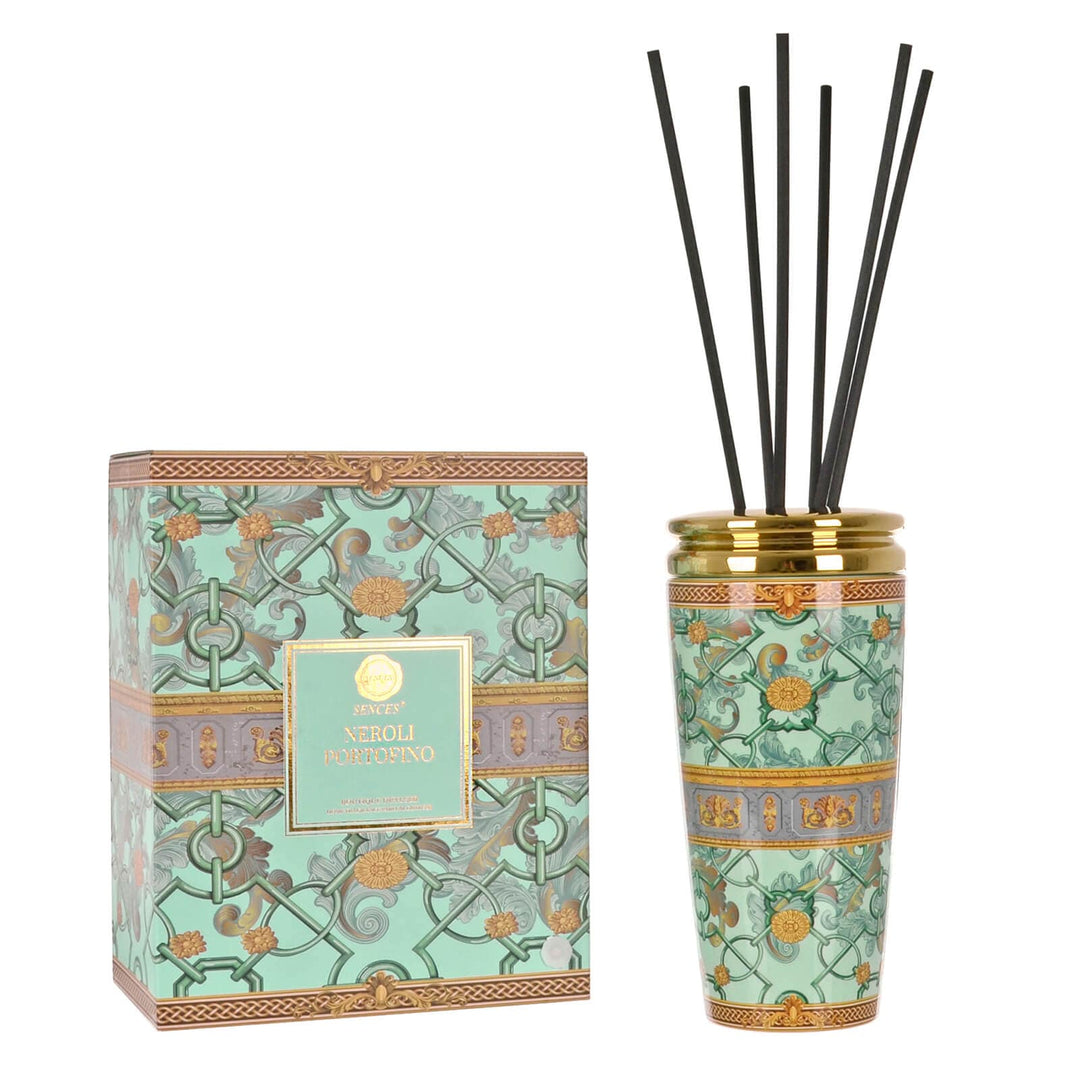 Light green and gold patterned reed diffuser with gift box packaging