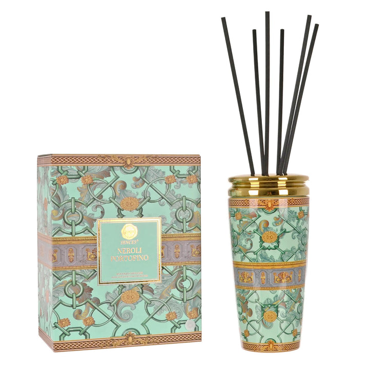 Light green and gold patterned reed diffuser with gift box packaging