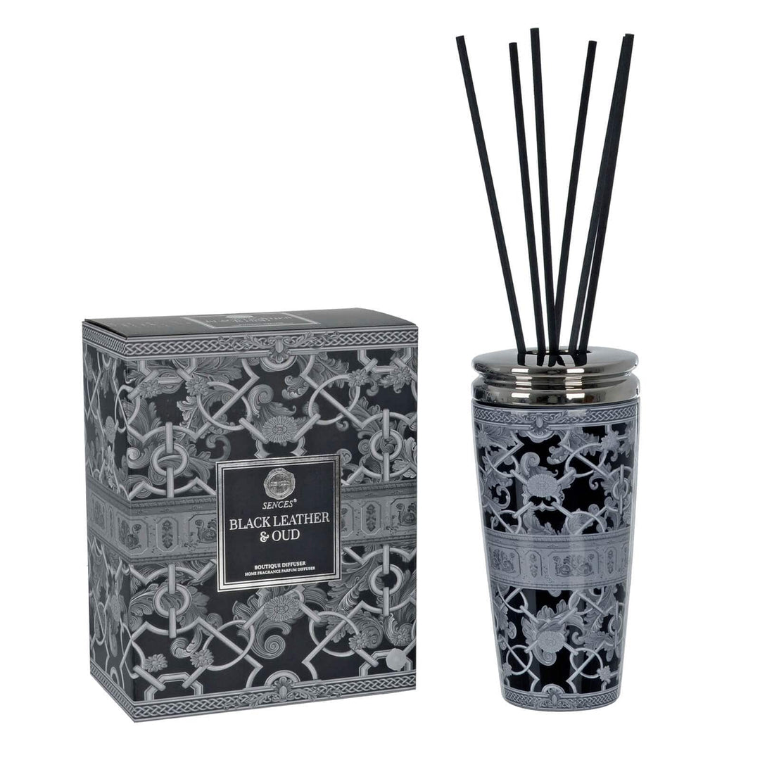 Black and silver floral pattern ceramic reed diffuser with matching gift box
