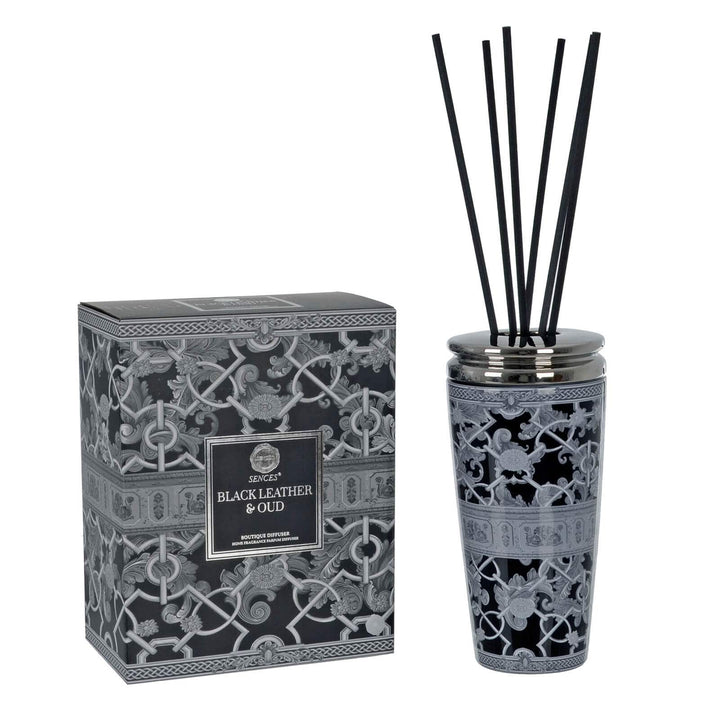 Black and silver floral pattern ceramic reed diffuser with matching gift box