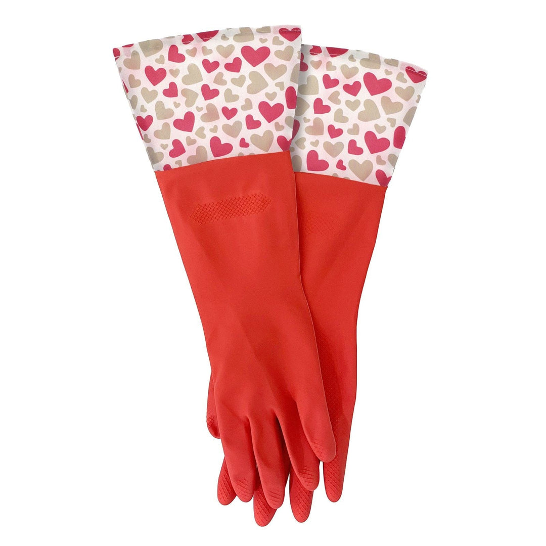 red rubber cleaning gloves with a white cuff feature pink and grey hearts pattern