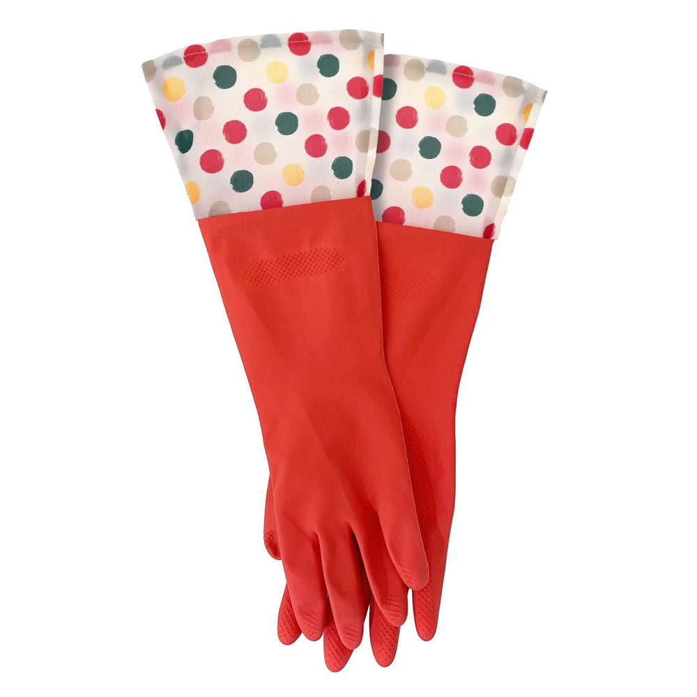 Red cleaning gloves with polka dot cuffs and textured fingers on a white background
