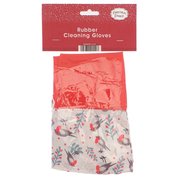 Packaging of rubber cleaning gloves with a decorative robin winter design on a white background