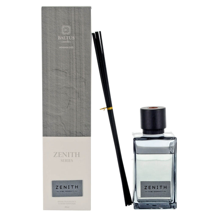 Baltus Zenith Arabian Oud scented diffuser set with dark grey wooden top diffuser black reeds and packaging on a white background