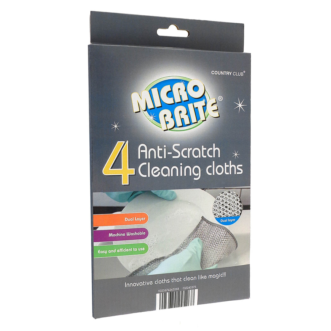 Packaging of Micro Brite anti-scratch cleaning cloths on a white background