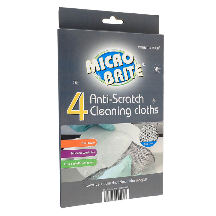 Packaging of Micro Brite anti-scratch cleaning cloths on a white background