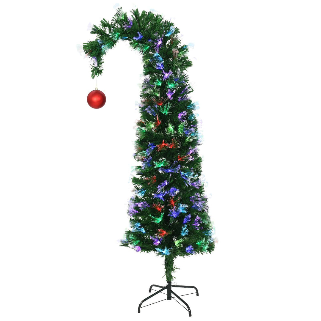 Decorative curved Christmas tree with colorful lights and a red ornament on a white background